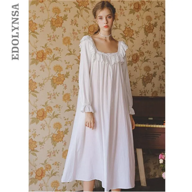 2019 Autumn Sleepwear Vintage White Cotton Nightgown Plus Size Women Home Wear Night Dress Ladies Nightwear Lingerie Nighty T534