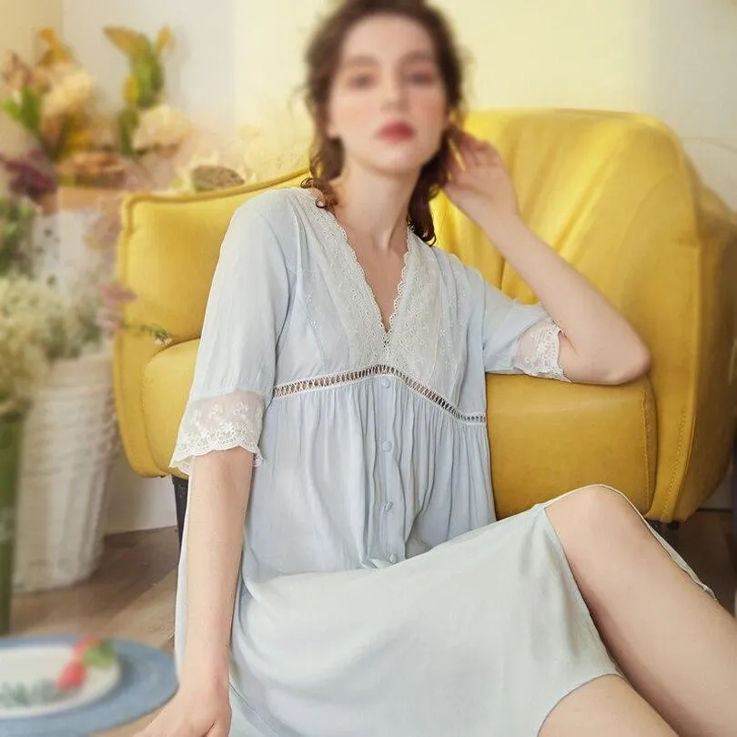 2019 New Women Cotton Lace Princess Elegant Nightgowns Nightdress Sexy Summer Sleepwear Palace Vintage Half Sleeve Home Dress