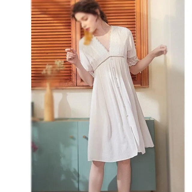 2019 New Women Cotton Lace Princess Elegant Nightgowns Nightdress Sexy Summer Sleepwear Palace Vintage Half Sleeve Home Dress