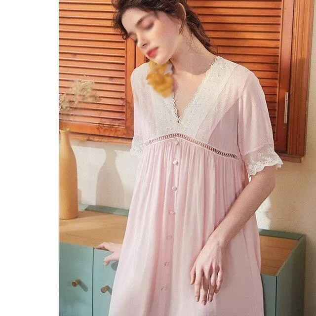 2019 New Women Cotton Lace Princess Elegant Nightgowns Nightdress Sexy Summer Sleepwear Palace Vintage Half Sleeve Home Dress