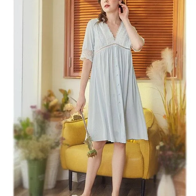 2019 New Women Cotton Lace Princess Elegant Nightgowns Nightdress Sexy Summer Sleepwear Palace Vintage Half Sleeve Home Dress