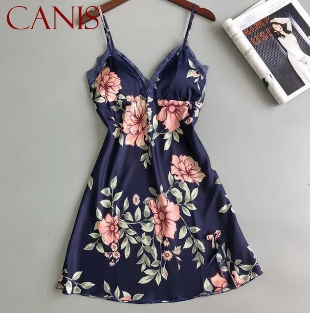 2019 Sexy Floral Print  Lingerie Nightdress Nightgown Nightwear Vintage Lingerie Silk Dress Sleepwear