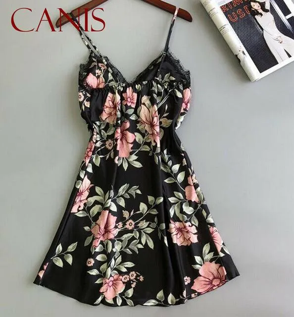 2019 Sexy Floral Print  Lingerie Nightdress Nightgown Nightwear Vintage Lingerie Silk Dress Sleepwear