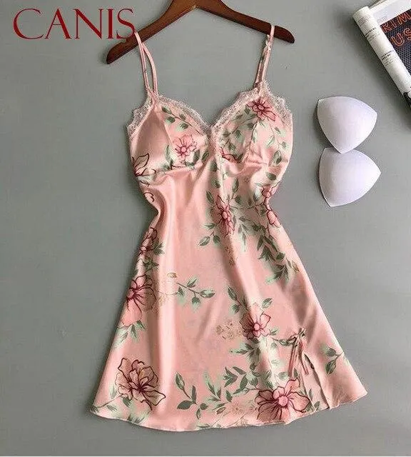 2019 Sexy Floral Print  Lingerie Nightdress Nightgown Nightwear Vintage Lingerie Silk Dress Sleepwear