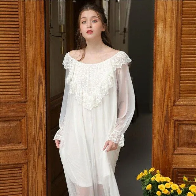 2019 Spring Vintage Sleepwear Women Night Wear Home Dress Lace Ruffled Round Neck Long Sleeve Cotton Nightgown Nightdress T416