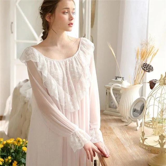 2019 Spring Vintage Sleepwear Women Night Wear Home Dress Lace Ruffled Round Neck Long Sleeve Cotton Nightgown Nightdress T416