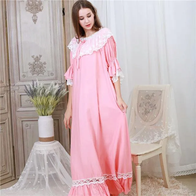 Autumn Sleepwear Women Night Gown Home Wear Sleep Shirt Robe Dress Vintage Nightgown Plus Size Cotton Nightwear Nightshirt T331
