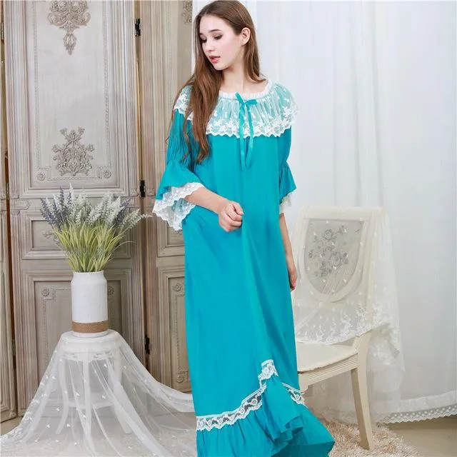 Autumn Sleepwear Women Night Gown Home Wear Sleep Shirt Robe Dress Vintage Nightgown Plus Size Cotton Nightwear Nightshirt T331