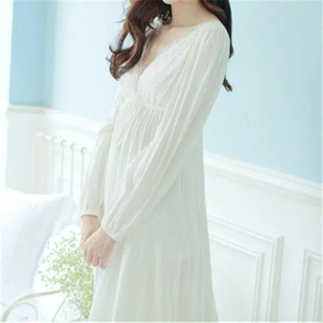 Autumn Vintage Nightgowns V-neck Ladies Dresses Princess White Sexy Sleepwear Solid Lace Home Dress Comfortable Nightdress #H13