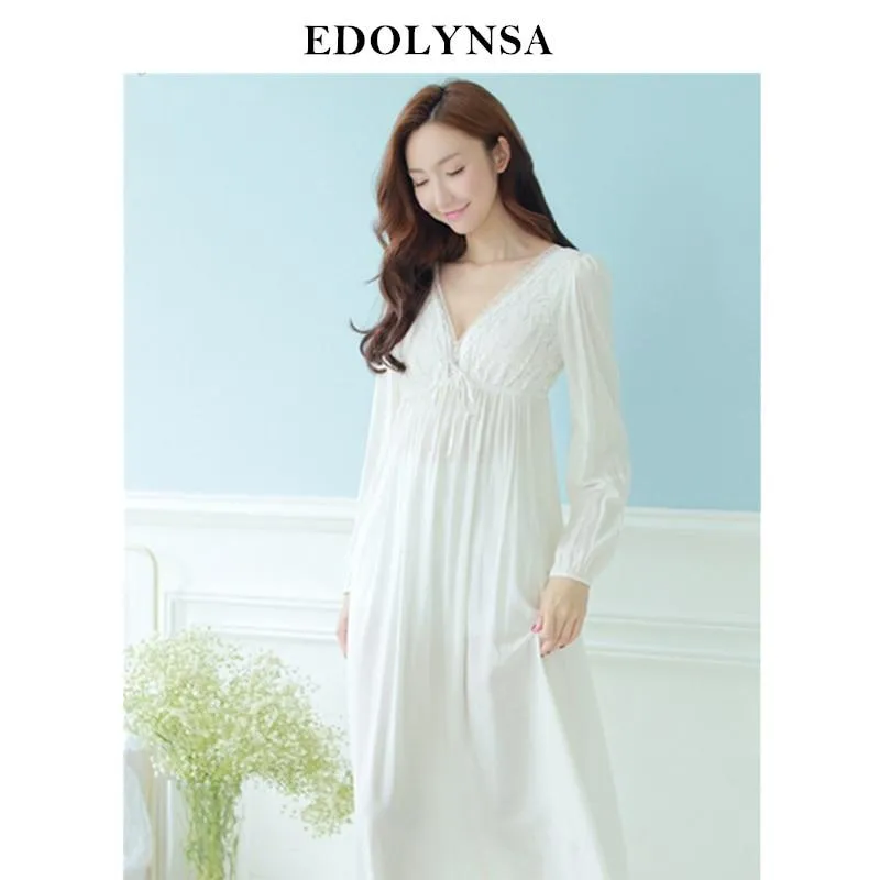Autumn Vintage Nightgowns V-neck Ladies Dresses Princess White Sexy Sleepwear Solid Lace Home Dress Comfortable Nightdress #H13
