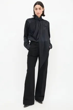 Black Draped Mock Neck Blouse