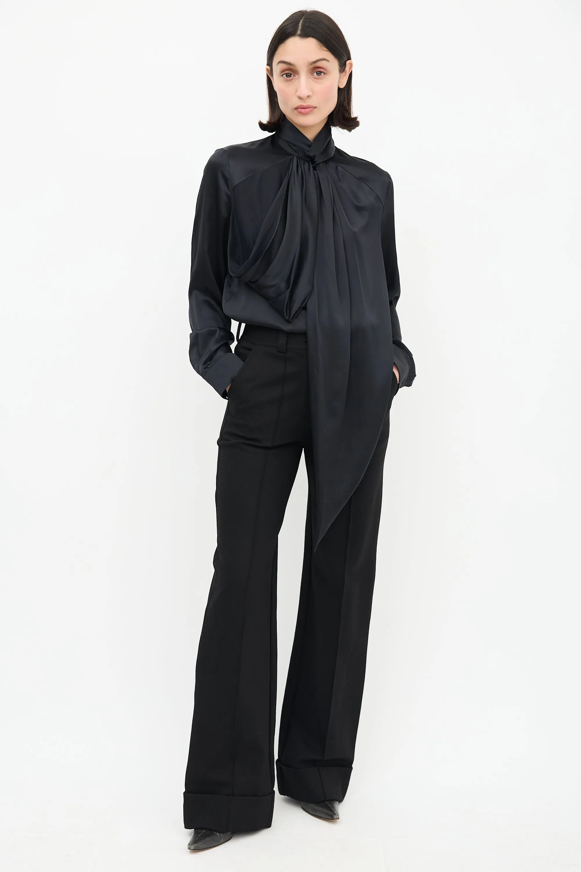 Black Draped Mock Neck Blouse