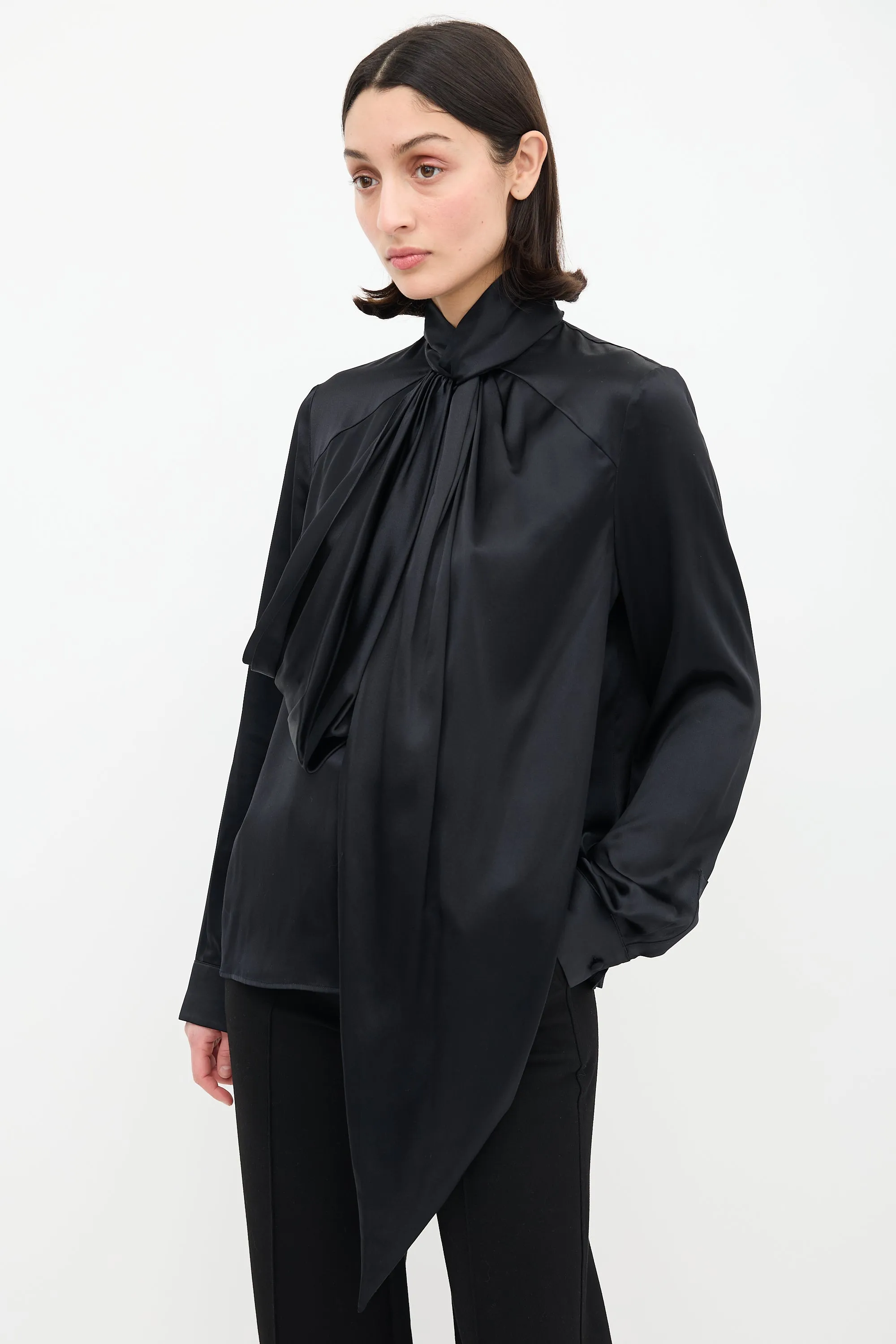 Black Draped Mock Neck Blouse