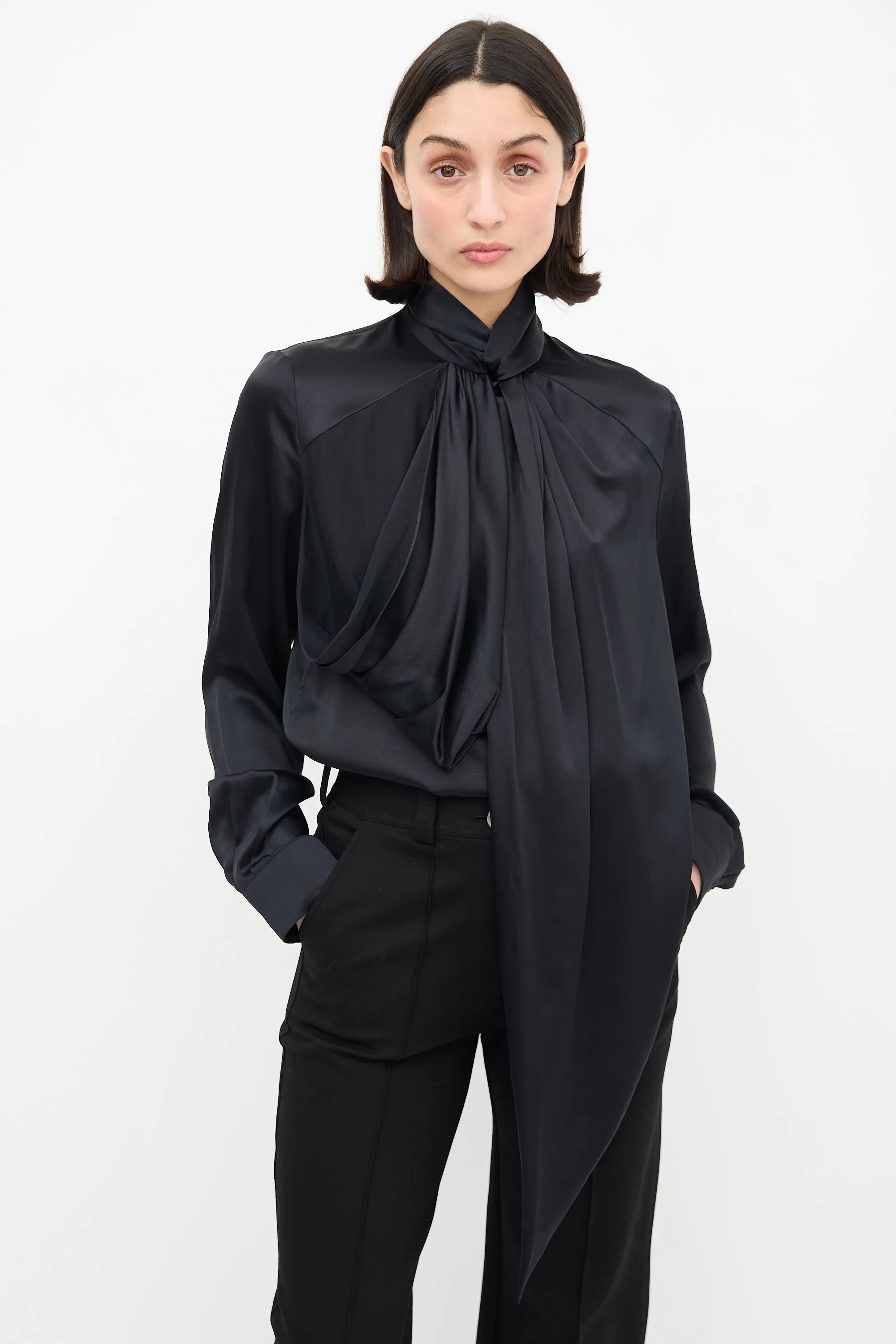Black Draped Mock Neck Blouse