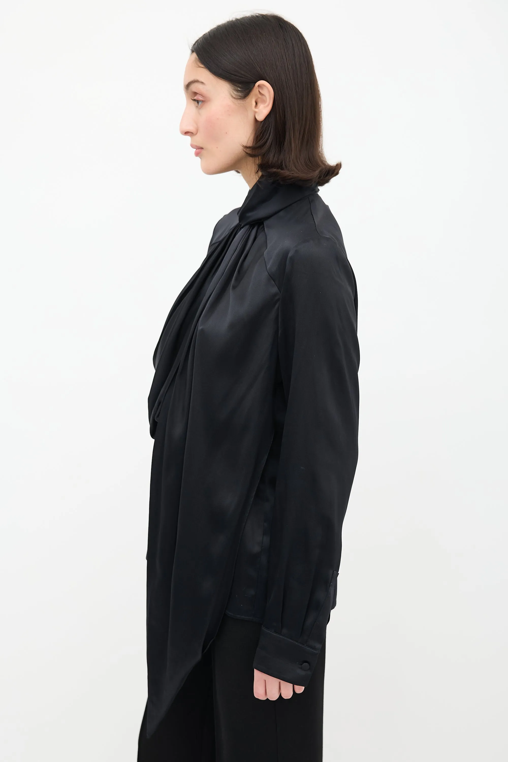 Black Draped Mock Neck Blouse