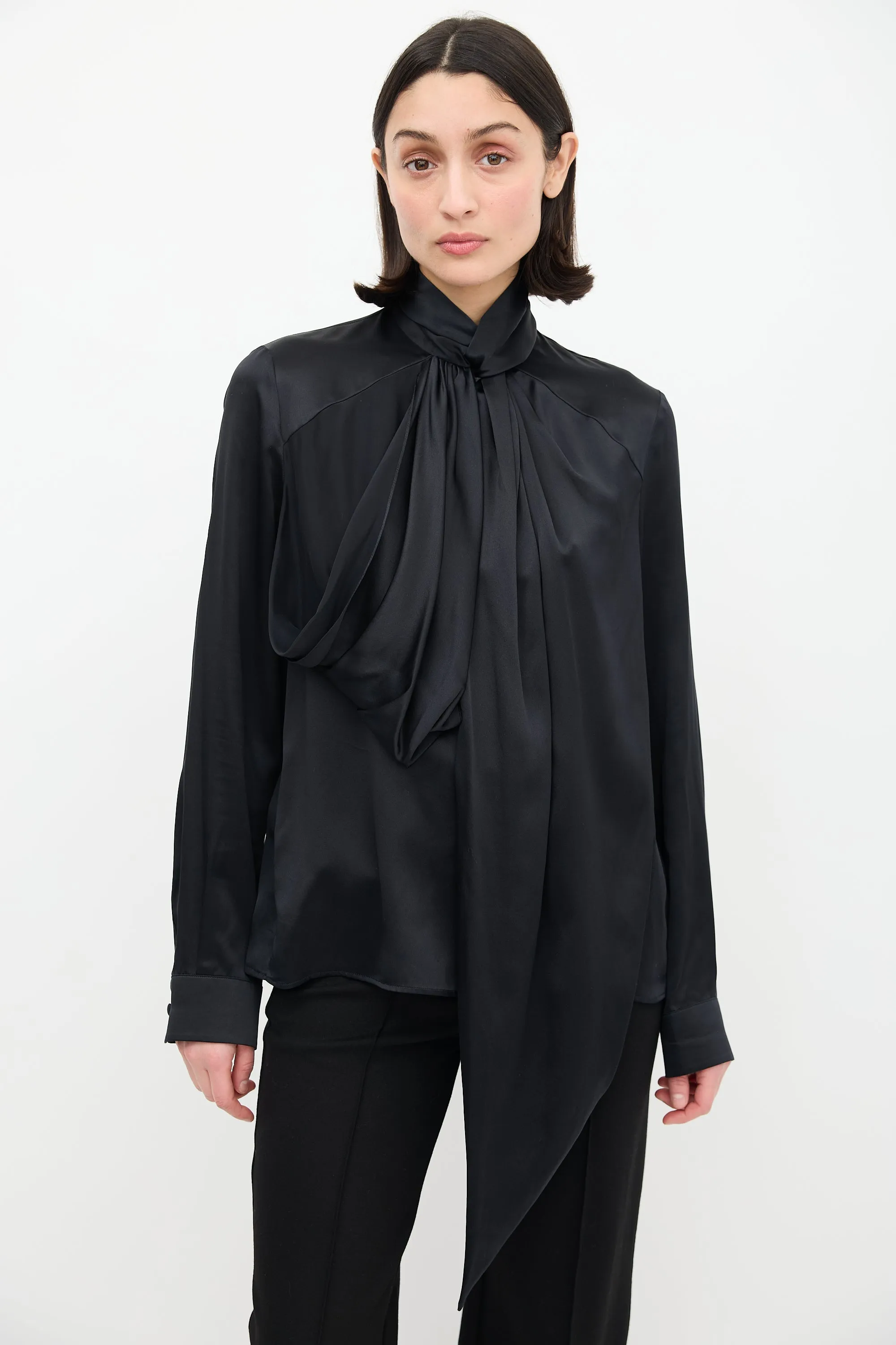 Black Draped Mock Neck Blouse