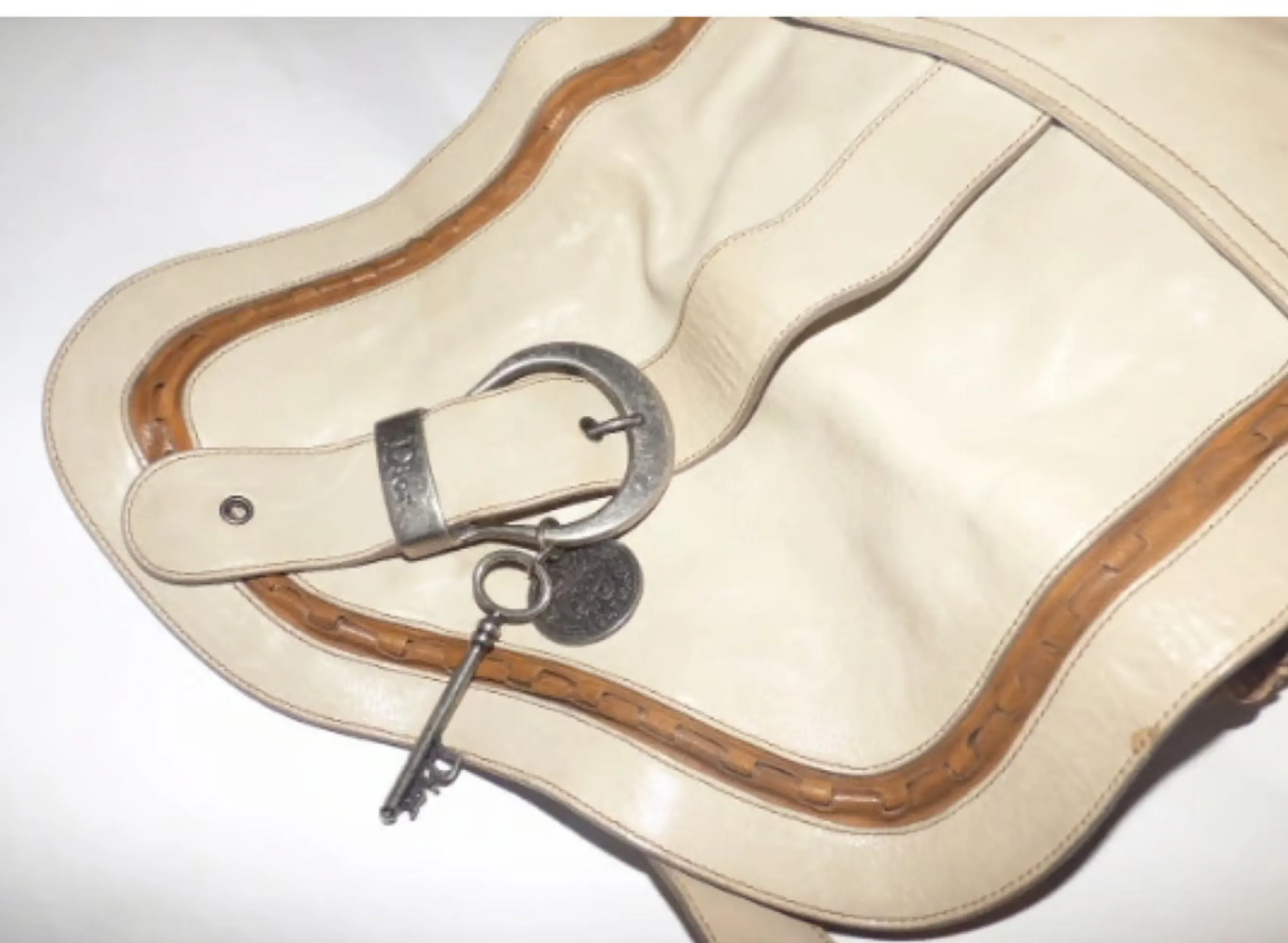 Christian Dior, 'Gaucho' style, ivory leather, large size, saddle bag with Southwestern chrome hardware