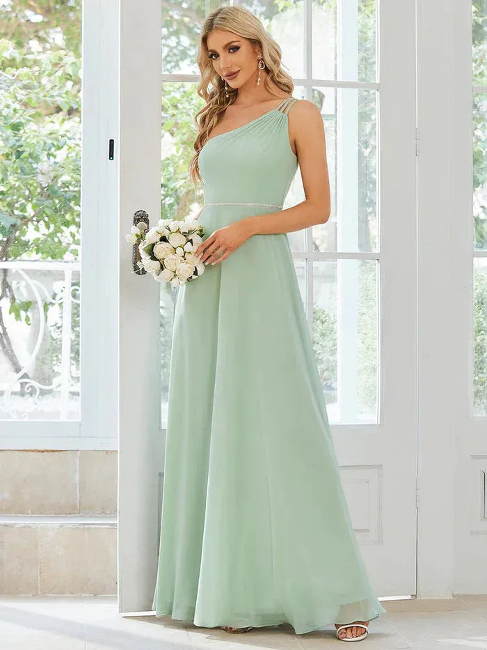 Custom Size Flowy Chiffon One-Shoulder Bridesmaid Dress with Spaghetti Strap