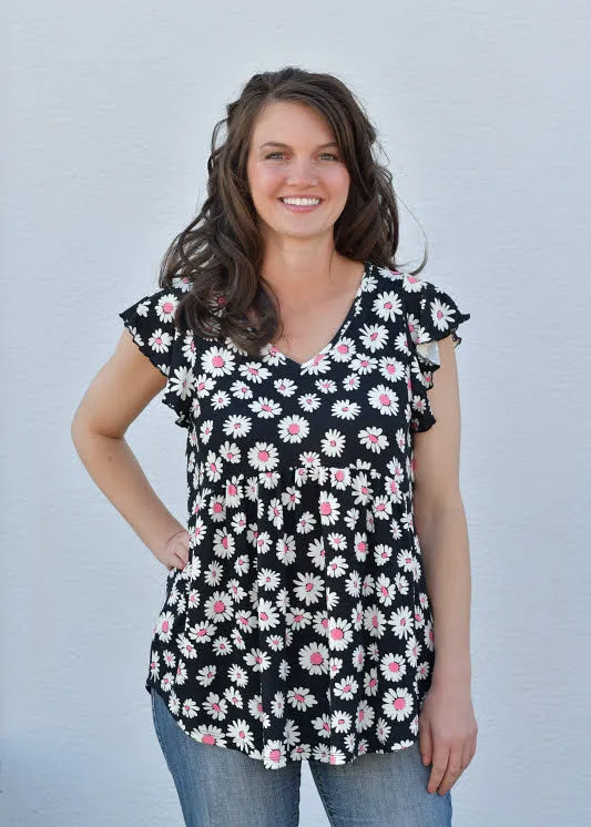 Daisy Floral Ruffle Sleeve Babydoll Top in Black & Pink
