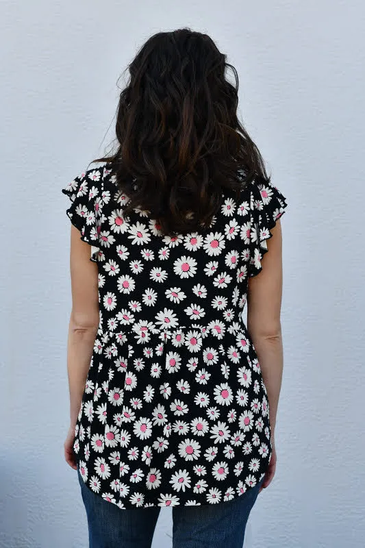 Daisy Floral Ruffle Sleeve Babydoll Top in Black & Pink