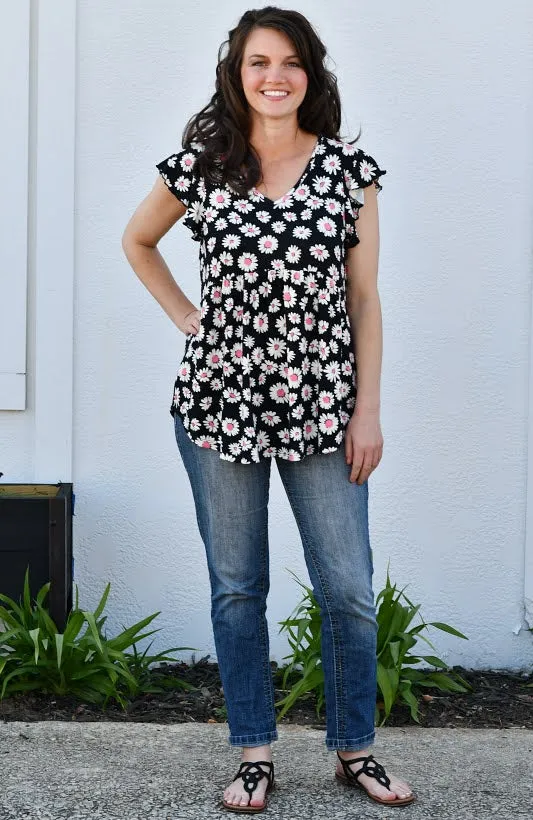 Daisy Floral Ruffle Sleeve Babydoll Top in Black & Pink