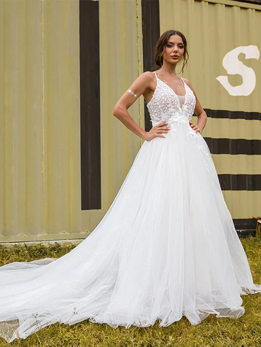 Deep V Neck A line Wedding Dress Country Princess Tulle