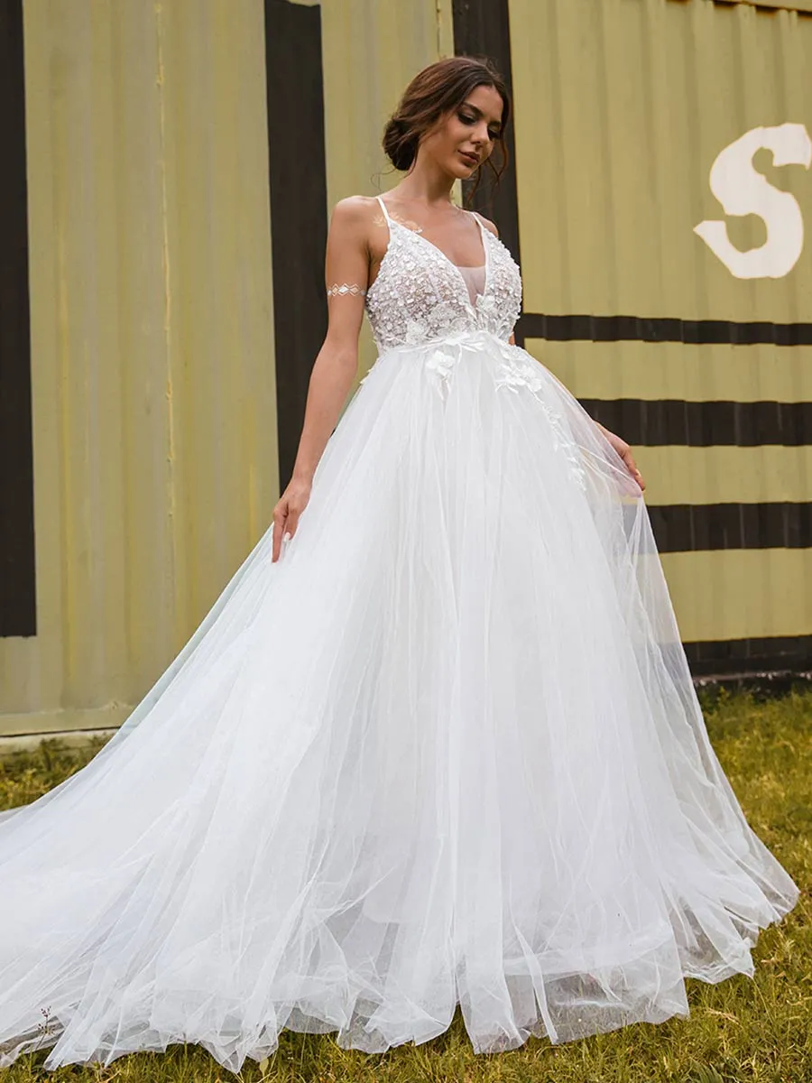 Deep V Neck A line Wedding Dress Country Princess Tulle