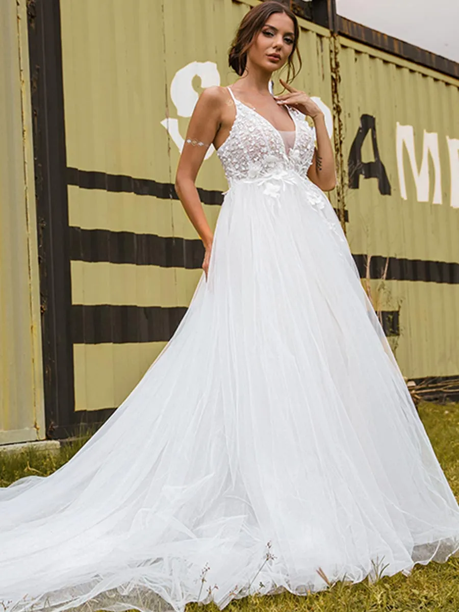 Deep V Neck A line Wedding Dress Country Princess Tulle
