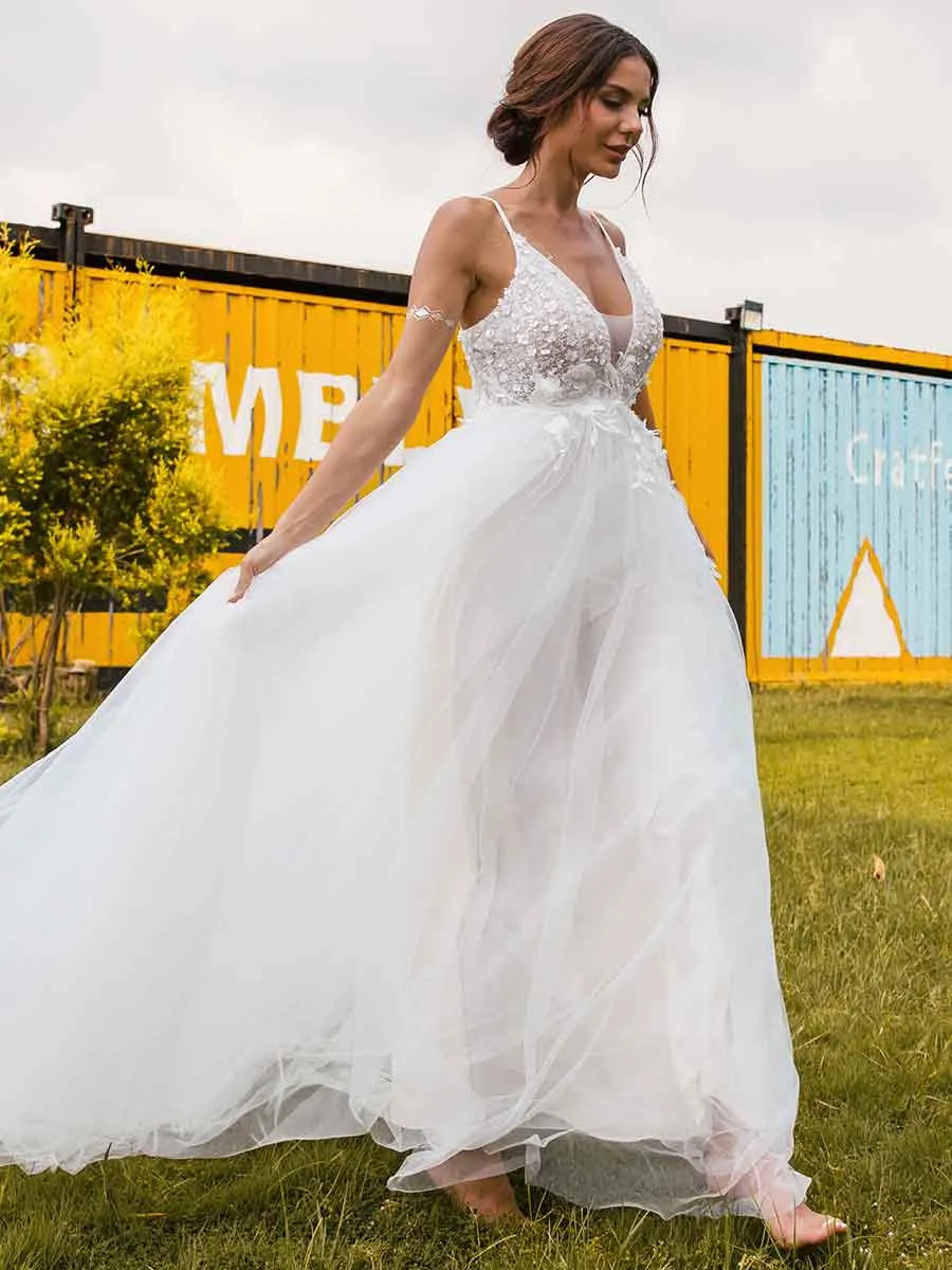 Deep V Neck A line Wedding Dress Country Princess Tulle