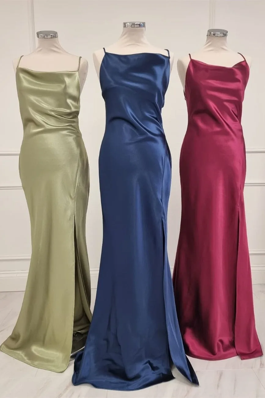 Elegant Spaghetti Straps Full Length Slip Formal Dress with Slit