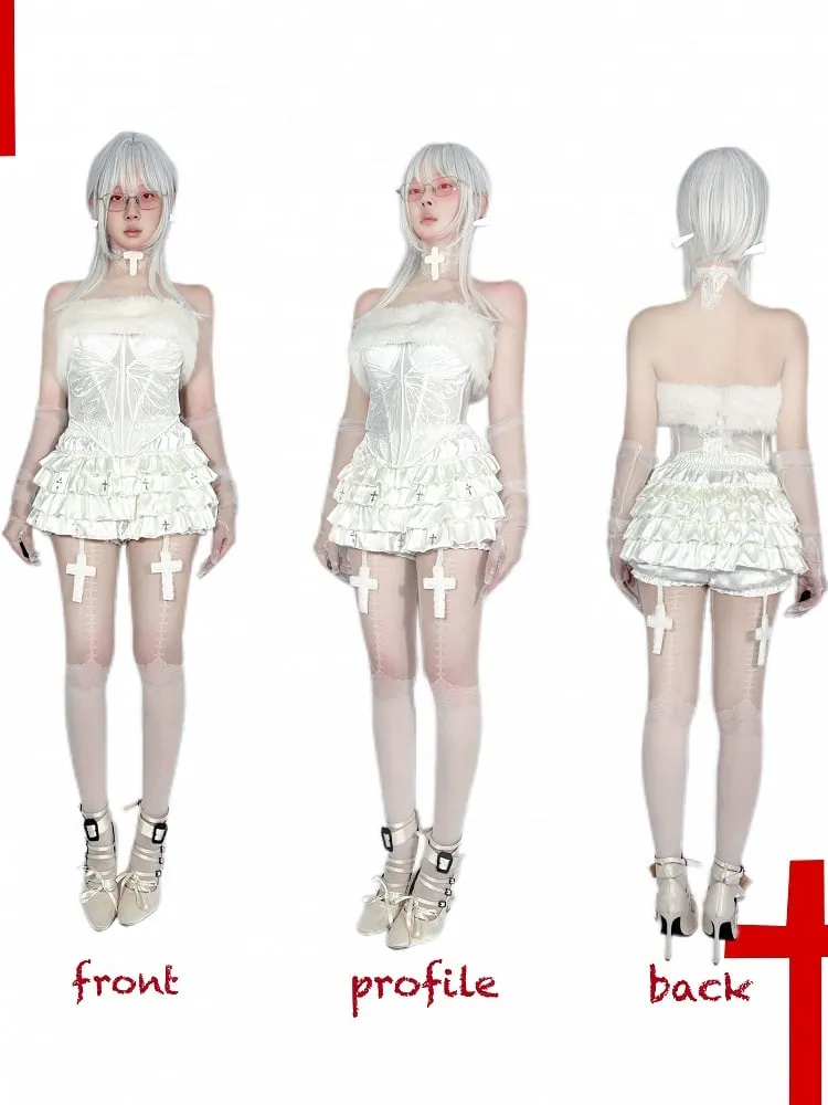 Gothic White Cross Charms Tiered Ruffles Satin Skort