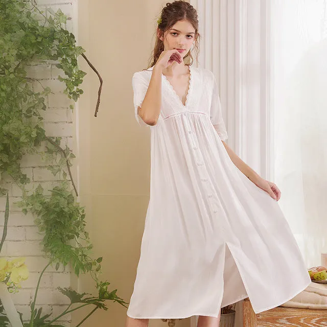 Roseheart Women White Sexy Sleepwear Night Dress Lace Homewear Nightwear Luxury Nightgown Female Court Gown Cotton