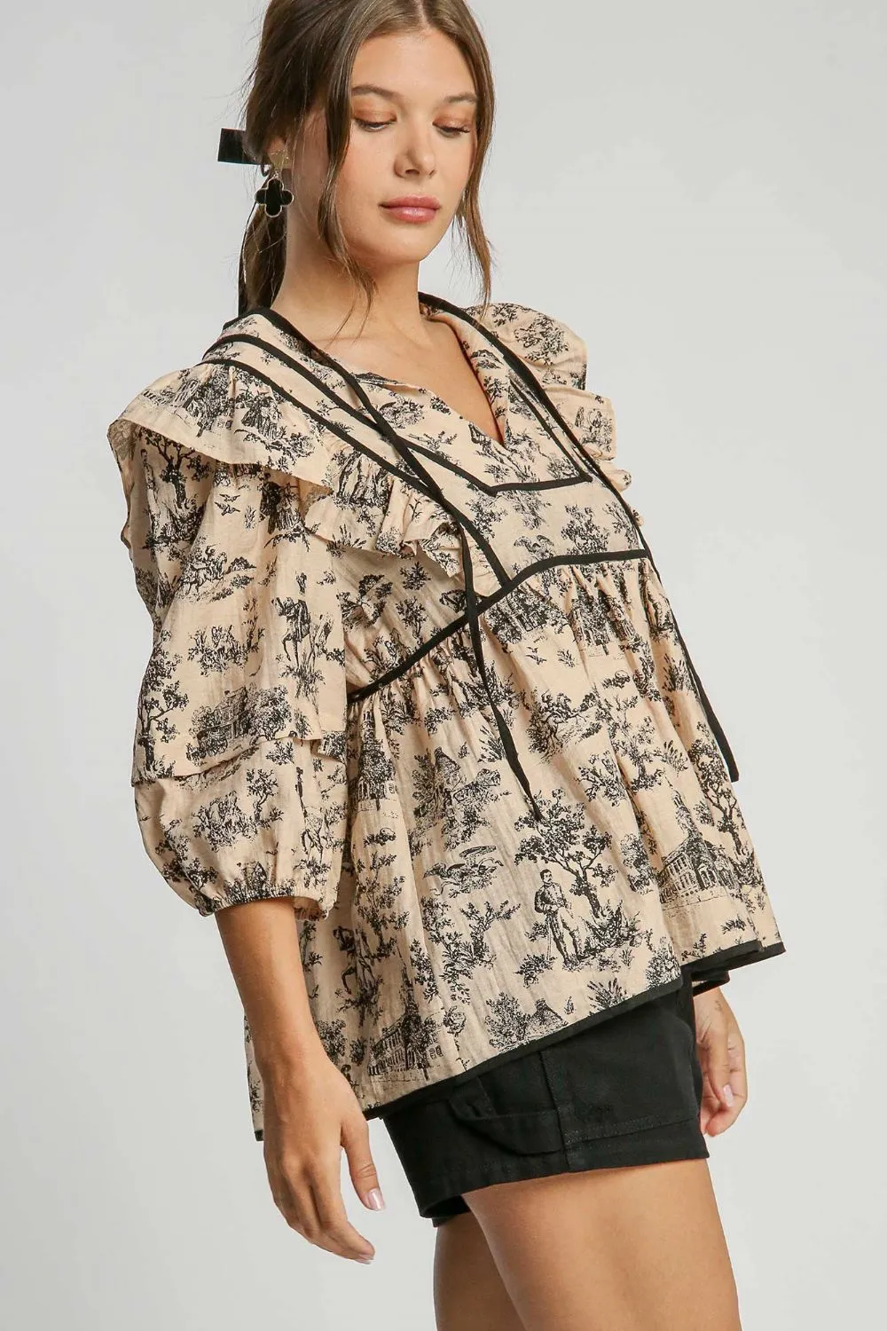 Ruffled Tie-Neck Puff Sleeve Babydoll Blouse