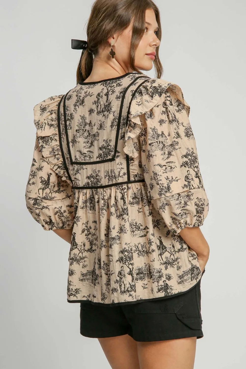 Ruffled Tie-Neck Puff Sleeve Babydoll Blouse