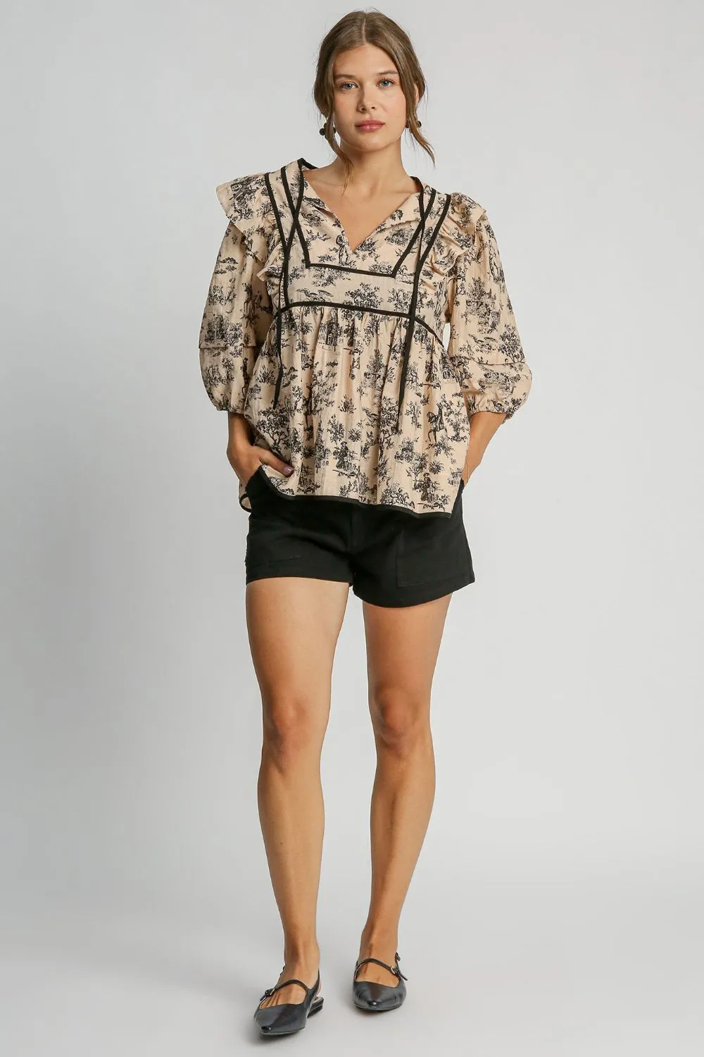 Ruffled Tie-Neck Puff Sleeve Babydoll Blouse