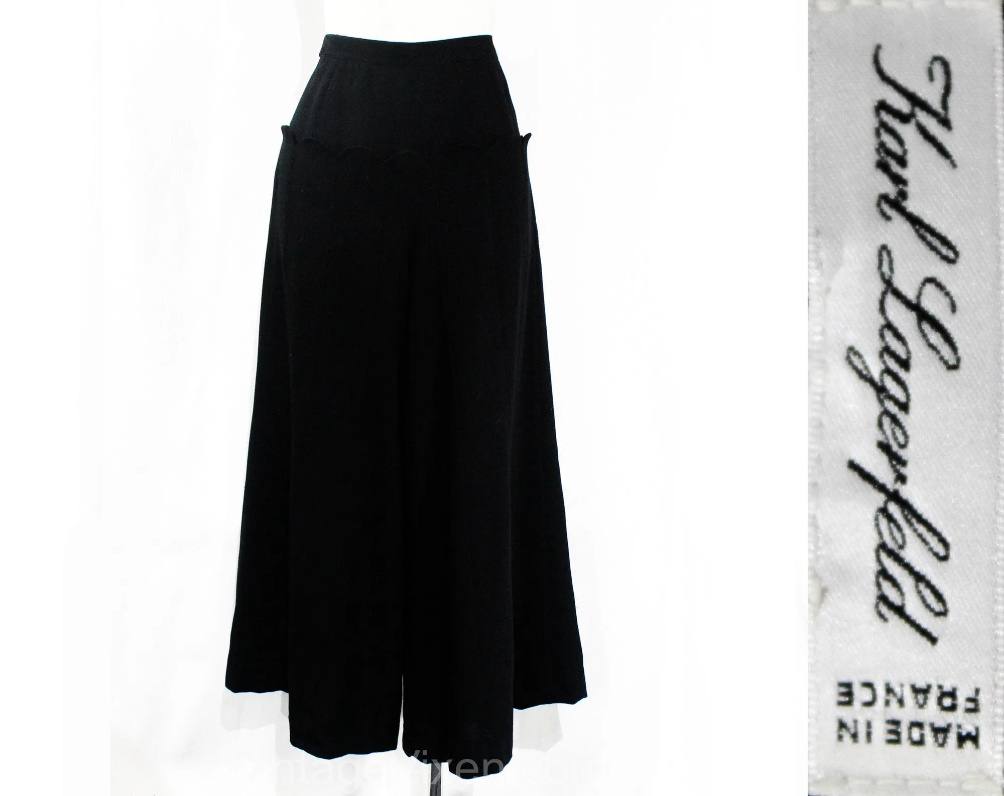 Size 12 Black Pants - Designer Karl Lagerfeld 1990s Wide Leg Large 1940s Style Gaucho Trousers - Scalloped Hip Seam Pockets - Waist 30.5
