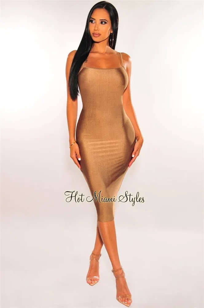 Tan Silky Cut Out Back Slip Dress