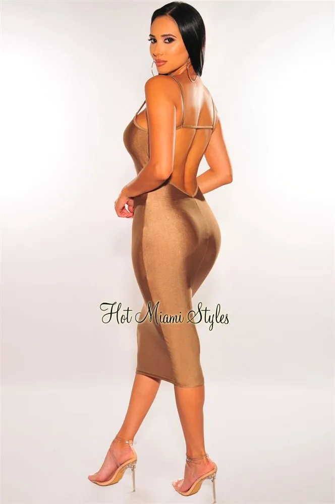 Tan Silky Cut Out Back Slip Dress