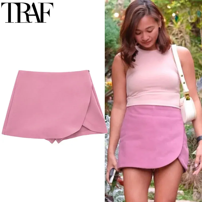 TRAF Women's Skort High Waist Brown Skirt Pants Pink Black Mini Skirt Shorts